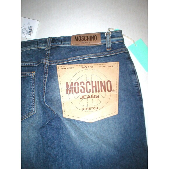 New Womens 30 Designer Moschino Blue Dark Jeans Logo Stretch NWT Distressed Tall - Picture 1 of 6